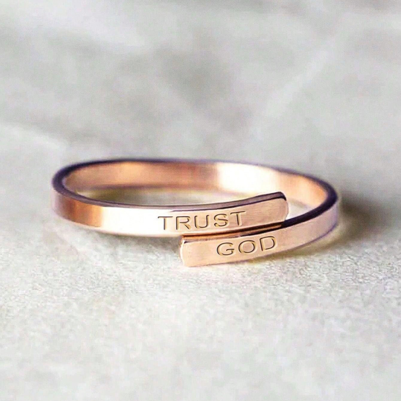 Stainless Steel Open Ring with TRUST GOD Engraving